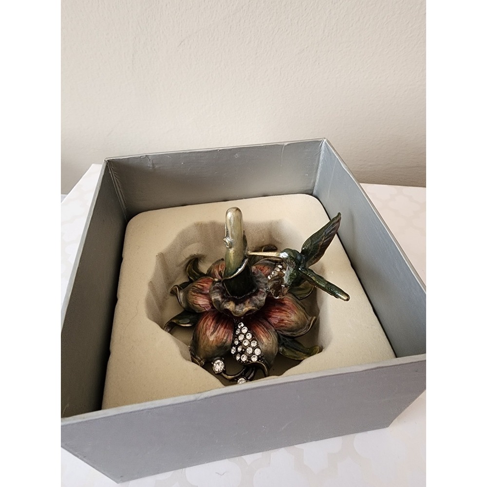 NIB Hummingbird Ring Holder Crystal Enamel Flowers Metal Jewelry Decor Vtg - Picture 3 of 12